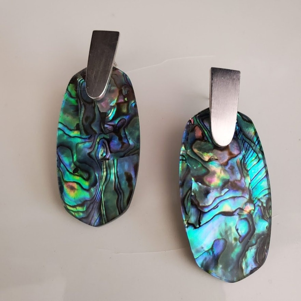 Kendra Scott‎ Aragon Abalone Shell Inlay Silver Tone Drop Earrings Oval Teal